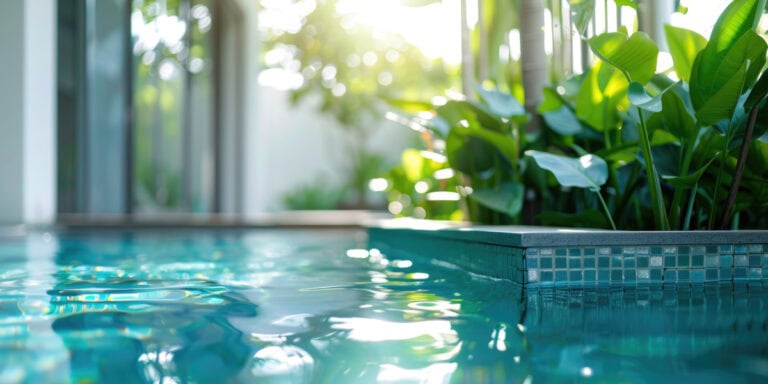 Klares Wasser in einem Pool, von Pflanzen umgeben, bei Sonnenlicht mit grünen und blauen Farbtönen.